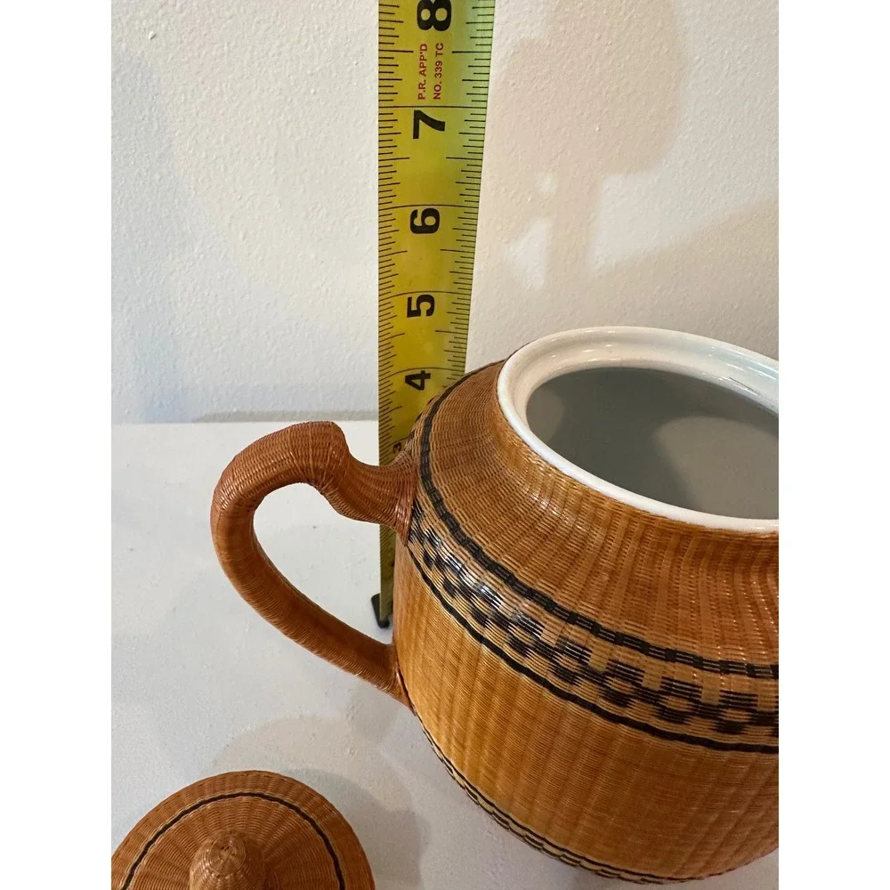Vintage Woven Wicker Rattan Wrapped Ceramic Teapot and 2 Cups Tea Set Brown